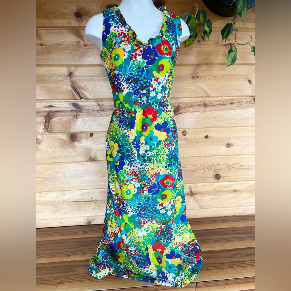 60s 70s Vintage Groovy Flower Power Large Medium Long Dress Sleeveless Ruffle